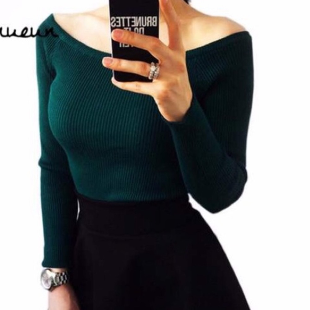 New off the shoulder dark green sweater!